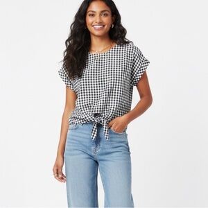 Cottagecore Black White Gingham Tie Front Keyhole Summer Blouse XL Picniccore